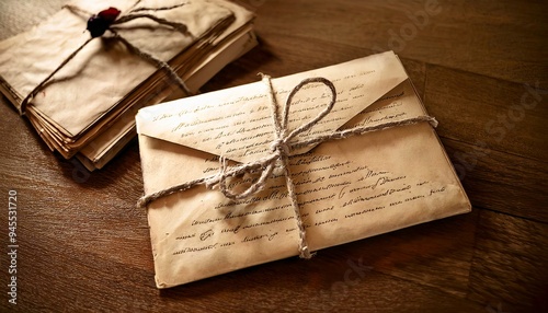 Vintage love letters tied with ribbon, sepia toned, style romantic still life photography. 1