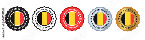 Made in belgium set of sign stamp badge, with varian color red, silver, gold, black suitable for products manufactured, military, agriculture or food vector illustration eps editable text