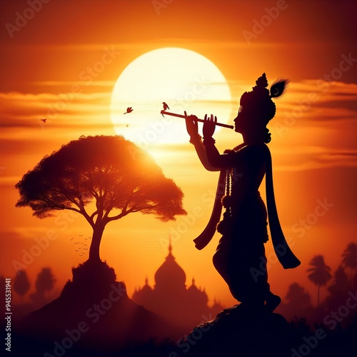Silhouette of Hindu god Lord Krishna playing flute on sunset. Krishna Janmashtami, Govardhan Puja. Indian religious festival.
