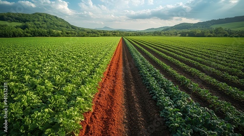 regenerative agriculture contrast splitscreen aerial view of thriving biodiverse field beside barren monoculture showcasing rich soil varied crops and flourishing ecosystem