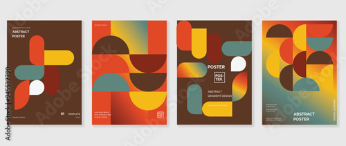 Collection of 70s color gradient poster background vector. Set of retro wall decoration, groovy, trippy, geometric shape. Vintage hippie wall art for interior, decorative, banner, cover, card.