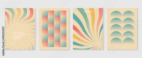 Collection of 70s color gradient poster background vector. Set of retro wall decoration, groovy, trippy, geometric shape. Vintage hippie wall art for interior, decorative, banner, cover, card.