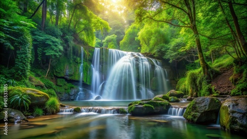 Tranquil scene of a serene waterfall in a lush forest, nature, waterfall, peaceful, serene, beauty, landscape