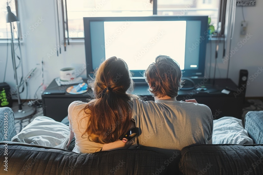 Loving couple watching tv at home Happy couple relaxing at home watching tv and holding the remote control. Release of Model on TV is also attached. Loving couple watching tv at home Happy couple relaxing at home watching tv and holding the remote control. Release of Model on TV is also attached.