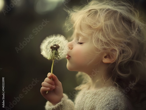 Child Blowing a Dandelion in a Softly Lit Garden photo