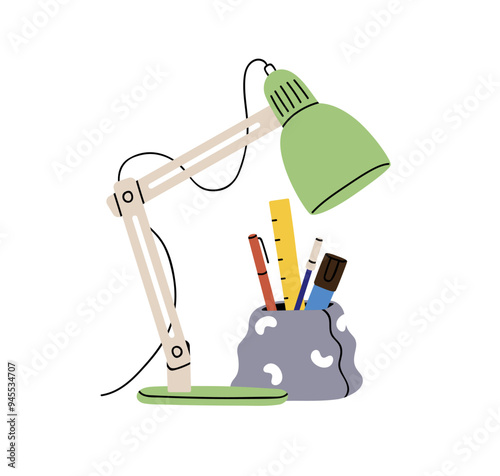 Desk lamp and pen holder on workplace. Table desktop light and stationery items. Pencils, ruler, school tools, supplies for study. Flat graphic vector illustration isolated on white background