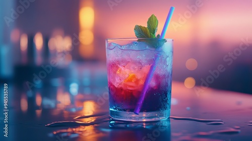 Colorful cocktail with mint at sunset in a vibrant bar setting