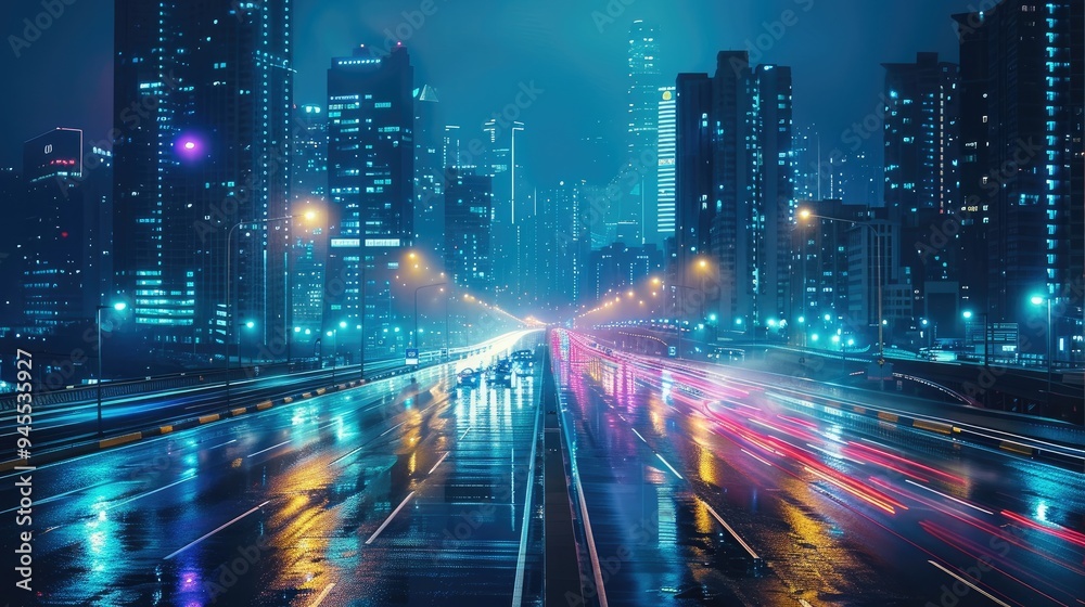 Road to modern city, at night. Generative AI.