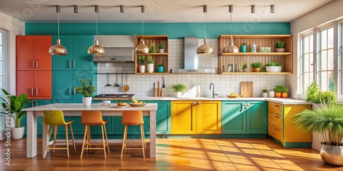 Stylish eclectic kitchen featuring mixed materials and vibrant colors , eclectic, stylish, kitchen, mixed materials