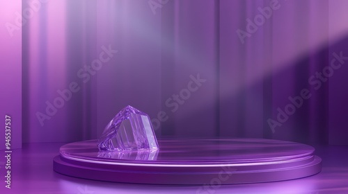 Crystal podium with diamond 3D background display, glass jewelry product render on a purple platform. Podium features an ice crystal stand, diamond stage, gem white abstract pedestal, stone purple lux photo