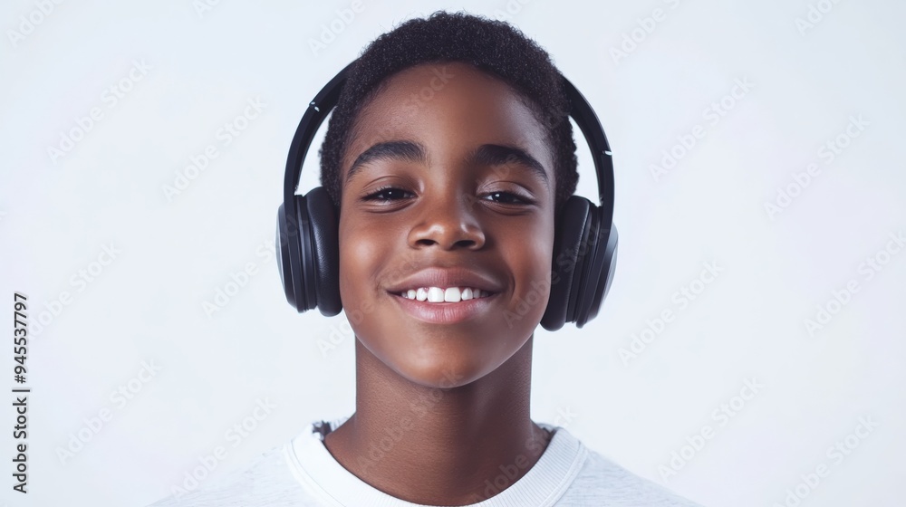 An individual with short curly hair is wearing a pair of black over-ear headphones and a white shirt. The plain background creates a clean and modern look. An individual with short curly hair is wearing a pair of black over-ear headphones and a white shirt. The plain background creates a clean and modern look.