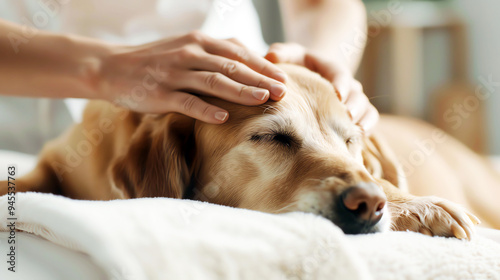 A golden retriever dog is getting a massage from a professional. The dog is lying on a white towel and has its eyes closed. The woman is using her hands to massage the dog's head. photo