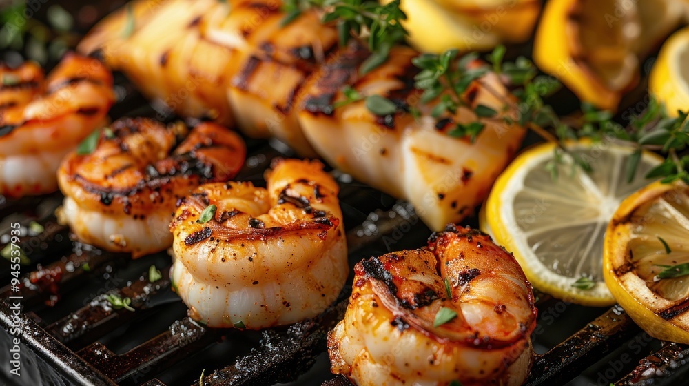 A variety of grilled seafood including shrimp, scallops and fish are beautifully arranged on a grill with lemon wedges and fresh herbs. A variety of grilled seafood including shrimp, scallops and fish are beautifully arranged on a grill with lemon wedges and fresh herbs.