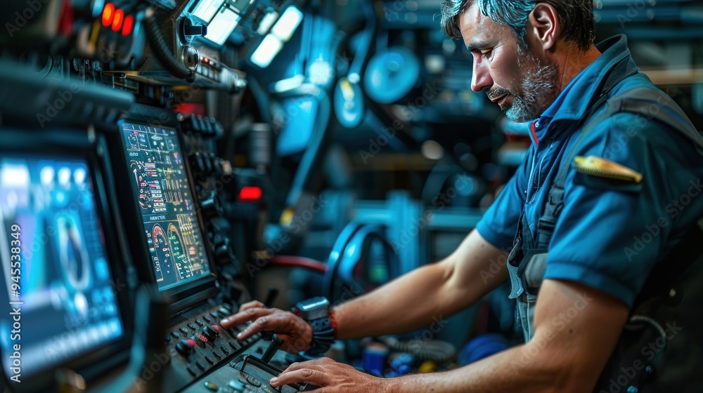 a technician performing software updates on a high-tech piece of agricultural machinery, integrating modern technology with traditional repair skills. a technician performing software updates on a high-tech piece of agricultural machinery, integrating modern technology with traditional repair skills.