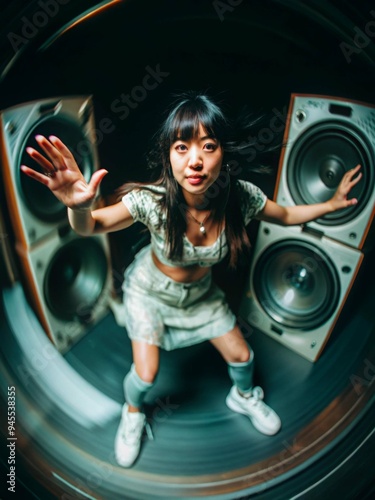 A asian woman is standing in front of two speakers, one of which is on her left