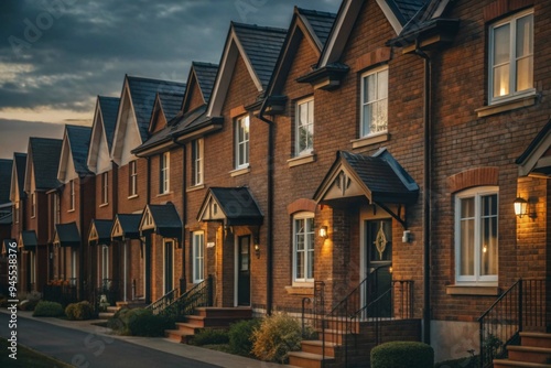 A row of brick houses with awnings and awnings on the front