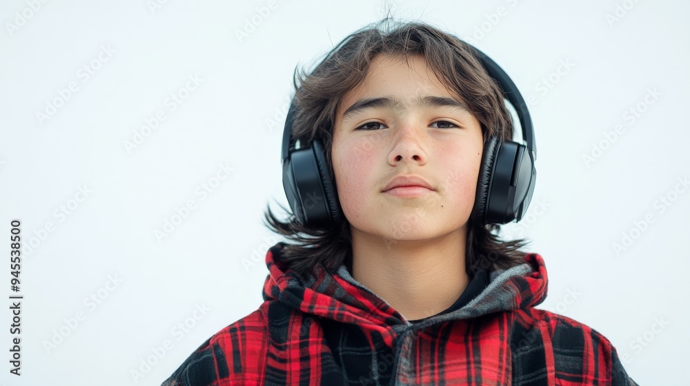 An individual in a red and black checkered shirt with black headphones on, having long hair, standing against a light-colored backdrop. An individual in a red and black checkered shirt with black headphones on, having long hair, standing against a light-colored backdrop.