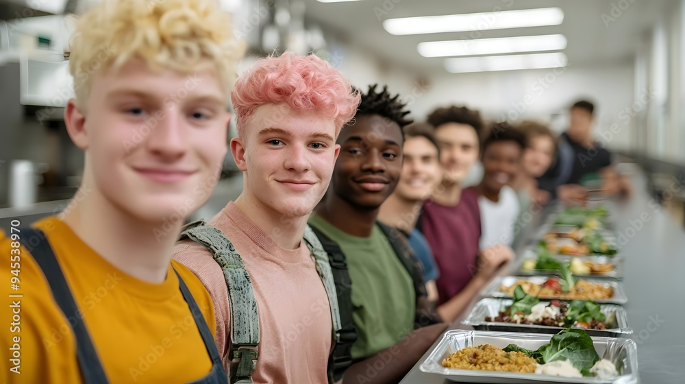 A diverse group of smiling young individuals enjoying healthy meals in a bright kitchen environment. Laughing and chatting concept. A diverse group of smiling young individuals enjoying healthy meals in a bright kitchen environment. Laughing and chatting concept.