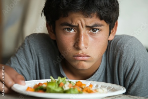 A young boy, dressed in a gray shirt, holds a white plate filled with a fresh salad dish, emphasizing a simple and healthy dining experience in a casual setting.