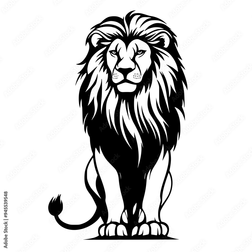 Obraz premium Lion Silhouette with Majestic Mane, Black and white silhouette of a lion with a detailed and majestic mane, symbolizing strength, power, and royalty. 