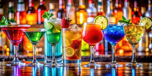 Close-up of colorful cocktails on a bar counter, cocktails, drinks, alcohol, bar, nightlife, refreshment, mixology