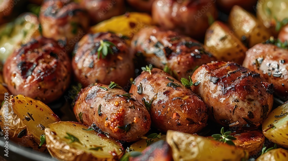 Close-up of savory grilled sausages and perfectly roasted potatoes, enhanced with a variety of herbs and spices. Generative AI. Close-up of savory grilled sausages and perfectly roasted potatoes, enhanced with a variety of herbs and spices. Generative AI.