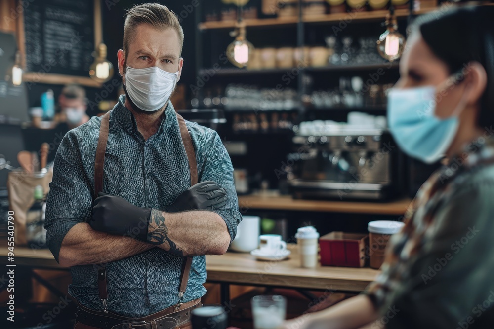 Coffee shop owner working with a face mask and protective gloves Couple of people with protective masks in cafe Coffee shop owner working with a face mask and protective gloves Couple of people with protective masks in cafe