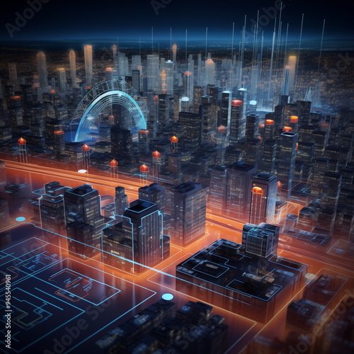 Futuristic Cityscape with Abstract Network and Glow Lines
