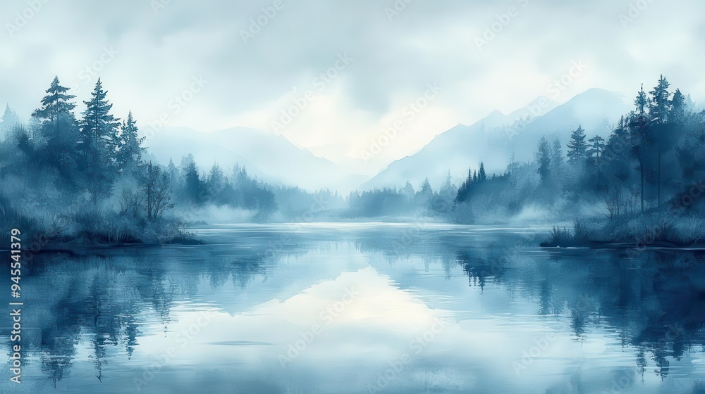 Fototapeta premium serene watercolor river landscape soft blue hues blending with misty greys gentle ripples and swirls ethereal atmosphere tranquil nature scene