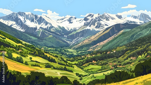 Hispanic Legacy: Minimalist Art of Spain's Snow-Capped Peaks and Verdant Valleys