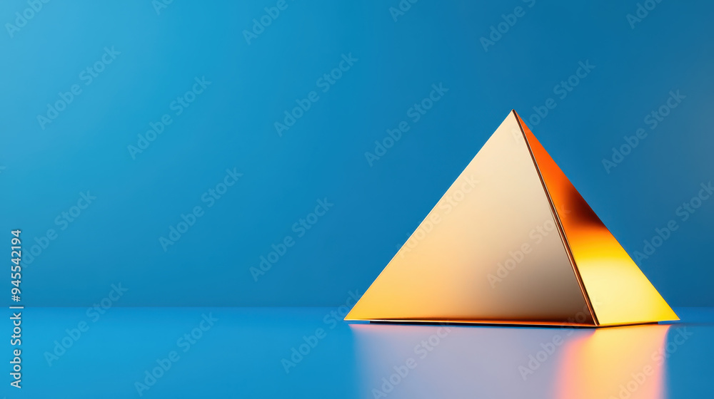 Fototapeta premium Golden pyramid structure placed on a vibrant blue surface against a harmonious blue background creating a modern and minimalist aesthetic
