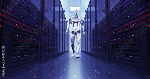 Futuristic Robot Walking In The Server Room. High Tech Robot. Technology Related 3D Render.