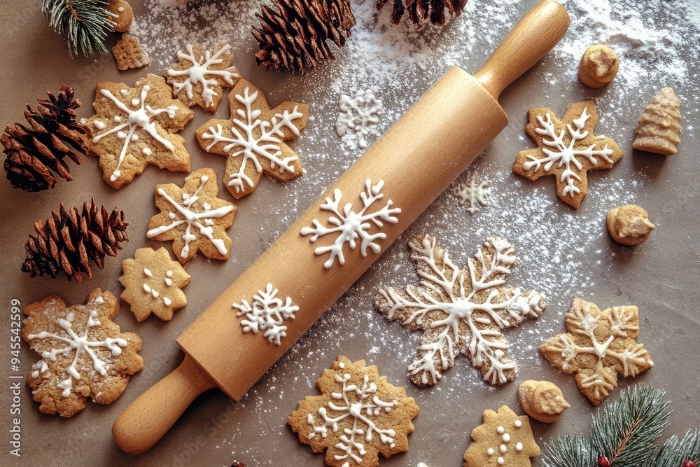 Fototapeta premium Christmas background with a flat lay of festive holiday cookies and a rolling pin