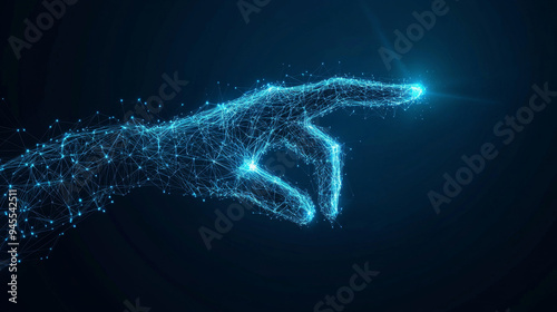 Abstract digital human hand reaching out to a glowing dot. Low-poly vector illustration set against a dark blue technological background. Features a light wireframe connection structure, representing 