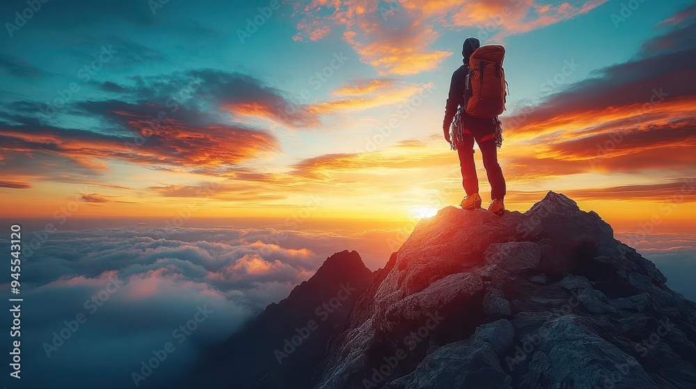 Obraz premium silhouette of a determined climber ascending a majestic mountain peak dramatic sunset sky with vibrant hues creates an inspiring scene of perseverance and achievement