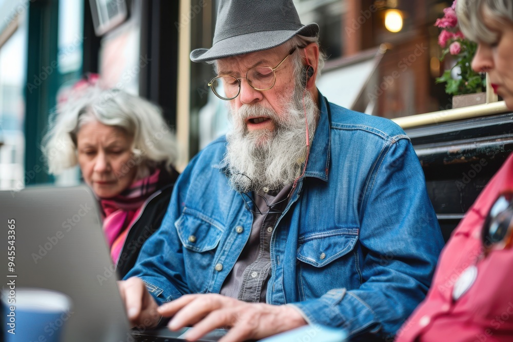 hipster senior man with beard using laptop and woman watching hipster senior man with beard using laptop and woman watching