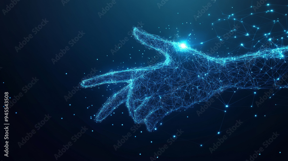 Abstract digital human hand reaching out to a glowing dot. Low-poly vector illustration set against a dark blue technological background. Features a light wireframe connection structure, representing Abstract digital human hand reaching out to a glowing dot. Low-poly vector illustration set against a dark blue technological background. Features a light wireframe connection structure, representing