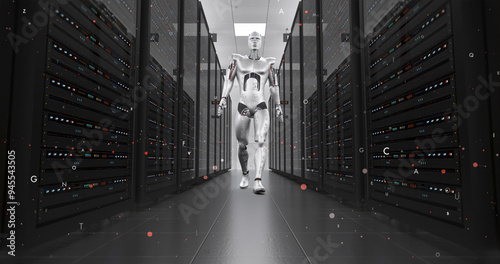 AI Controlled Modern Robot Confidently Walking In Data Center. Technology Related 3D Render.