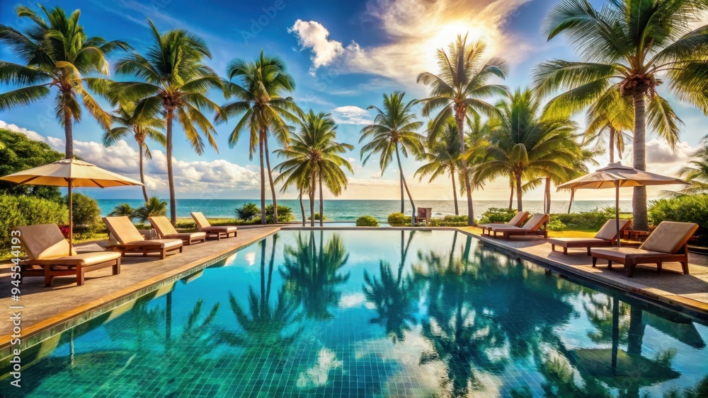Luxurious pool in a resort with crystal clear water surrounded by palm trees and lounging chairs, resort, pool Luxurious pool in a resort with crystal clear water surrounded by palm trees and lounging chairs, resort, pool