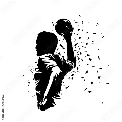 Handball player throws ball, isolated vector silhouette, ink drawing
