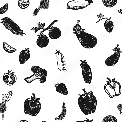 Trendy minimalism modern vegetable pattern Grunge, shabby texture of elements Scandinavian motifs Vector seamless pattern