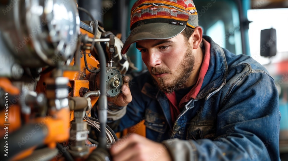 a mechanic replacing parts on a tractor's hydraulic system, demonstrating the complexity and hands-on nature of agricultural machinery repair. a mechanic replacing parts on a tractor's hydraulic system, demonstrating the complexity and hands-on nature of agricultural machinery repair.