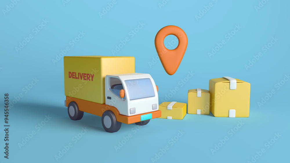 Delivery Truck with Packages and Location Pin on Blue Background