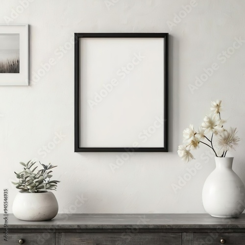Minimalist frame mockup, a black frame against a textured, neutral wall. for poster, artwork or photography with a modern, rustic twist. poster mockup