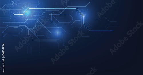 Circuit board blue technology background.Vector abstract technology illustration Circuit board on dark blue background.High-tech circuit board connection system concept.	