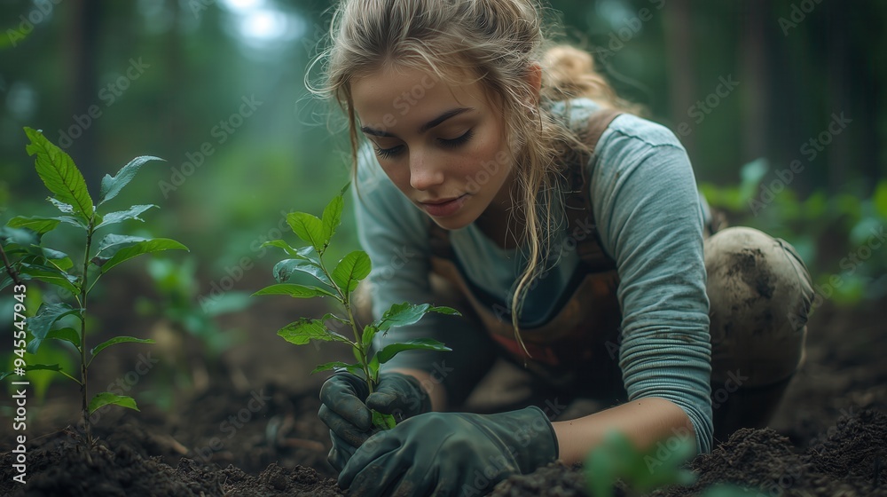 Woman Planting Trees in a Forest Woman Planting Trees in a Forest