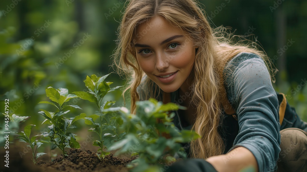 Woman Planting Trees in a Forest Woman Planting Trees in a Forest