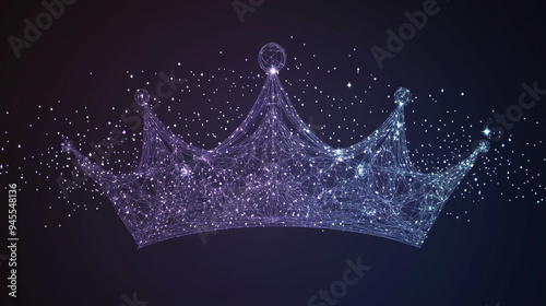 Abstract depiction of a crown set against a starry sky or cosmic background. Composed of points, lines, and shapes representing planets, stars, and the universe. Vector wireframe concept of a crown. photo