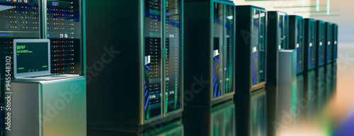 Rackmount LED console in server room data center. Server. Room servers data center. Backup, mining, hosting, mainframe, farm and computer rack with storage information. 3d render photo