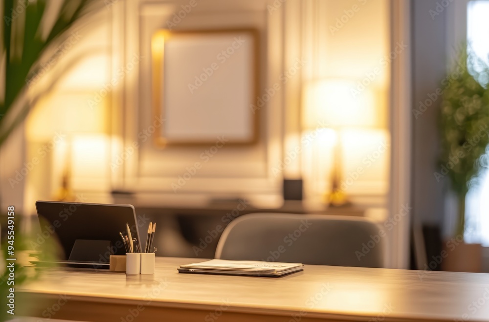 Minimalist Office Desk with Warm Lighting Minimalist Office Desk with Warm Lighting
